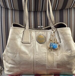 Coach Metallic Gold Signature Stich Lock Tote Bag+Large Gold Glitter Coach Tag.
